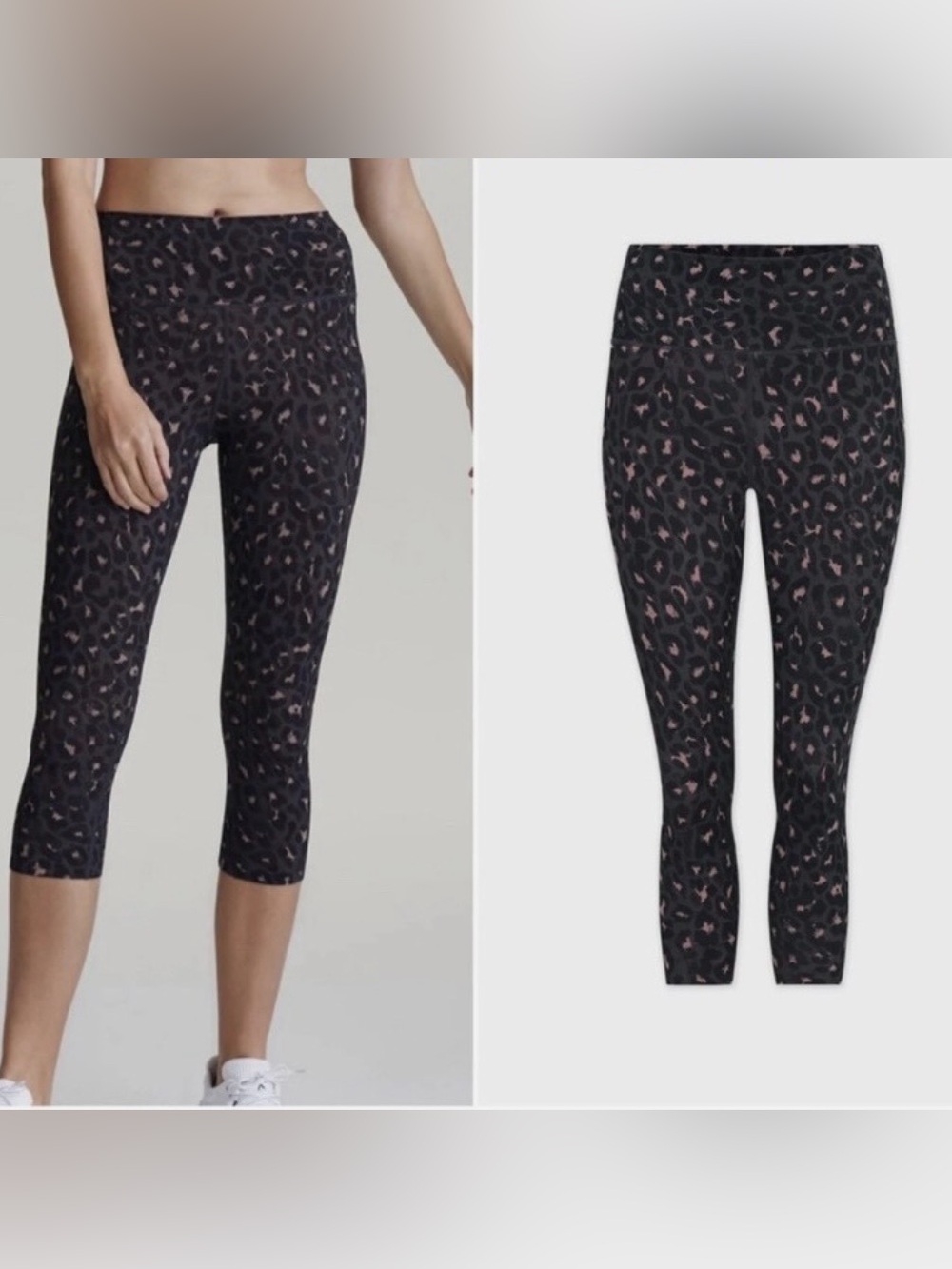 Varley Lets Move high rise Black and Tan Leopard-Print Active Capri leggings. SM